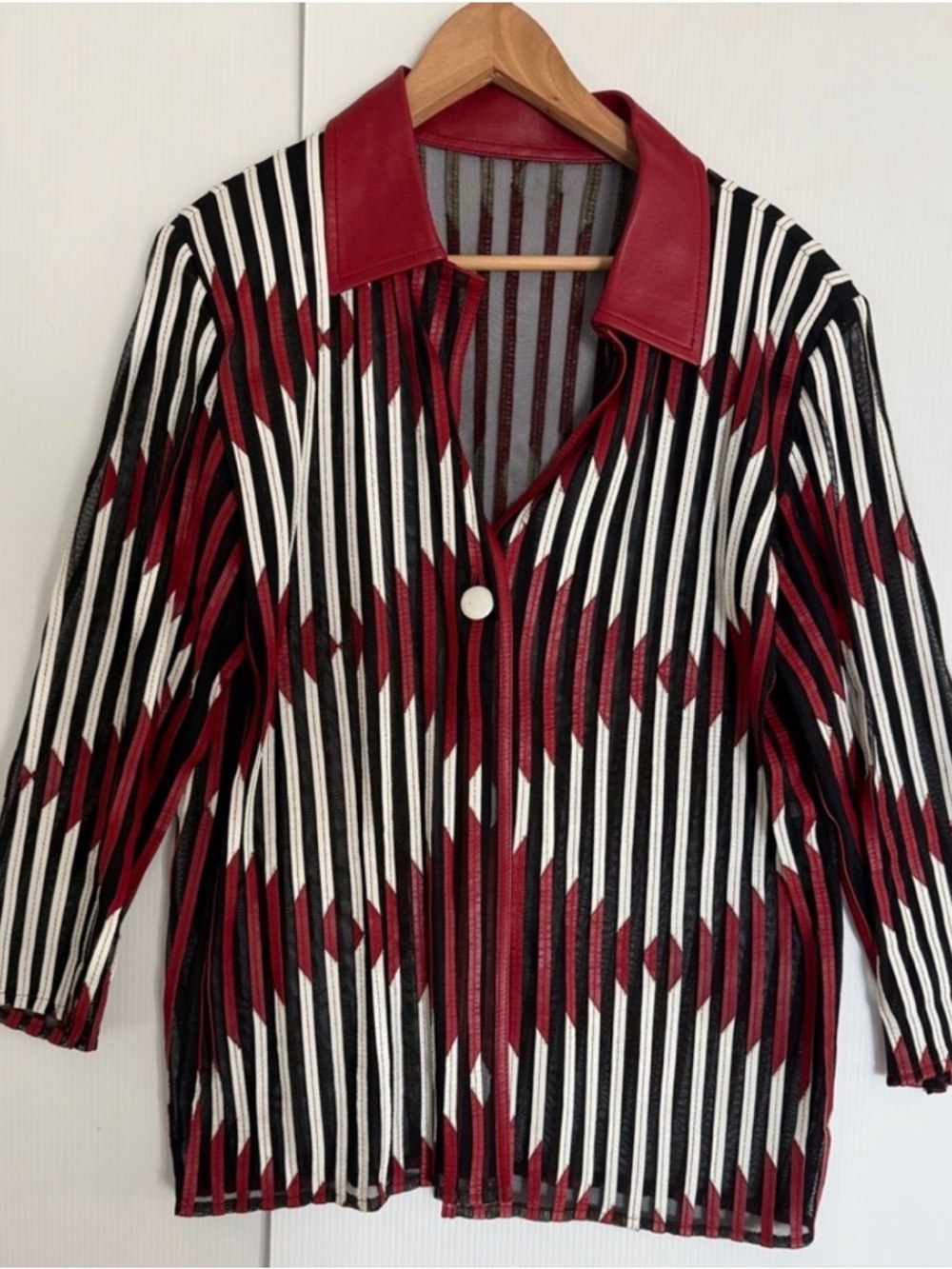 VASAK Lambskin Leather & Mesh Black Summer Spring Geometric Jacket Blazer Sz Lg
